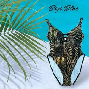 NWOT (Vintage) Baja Blue, One Piece Swimsuit, Size  12, Black & Tan ☀️